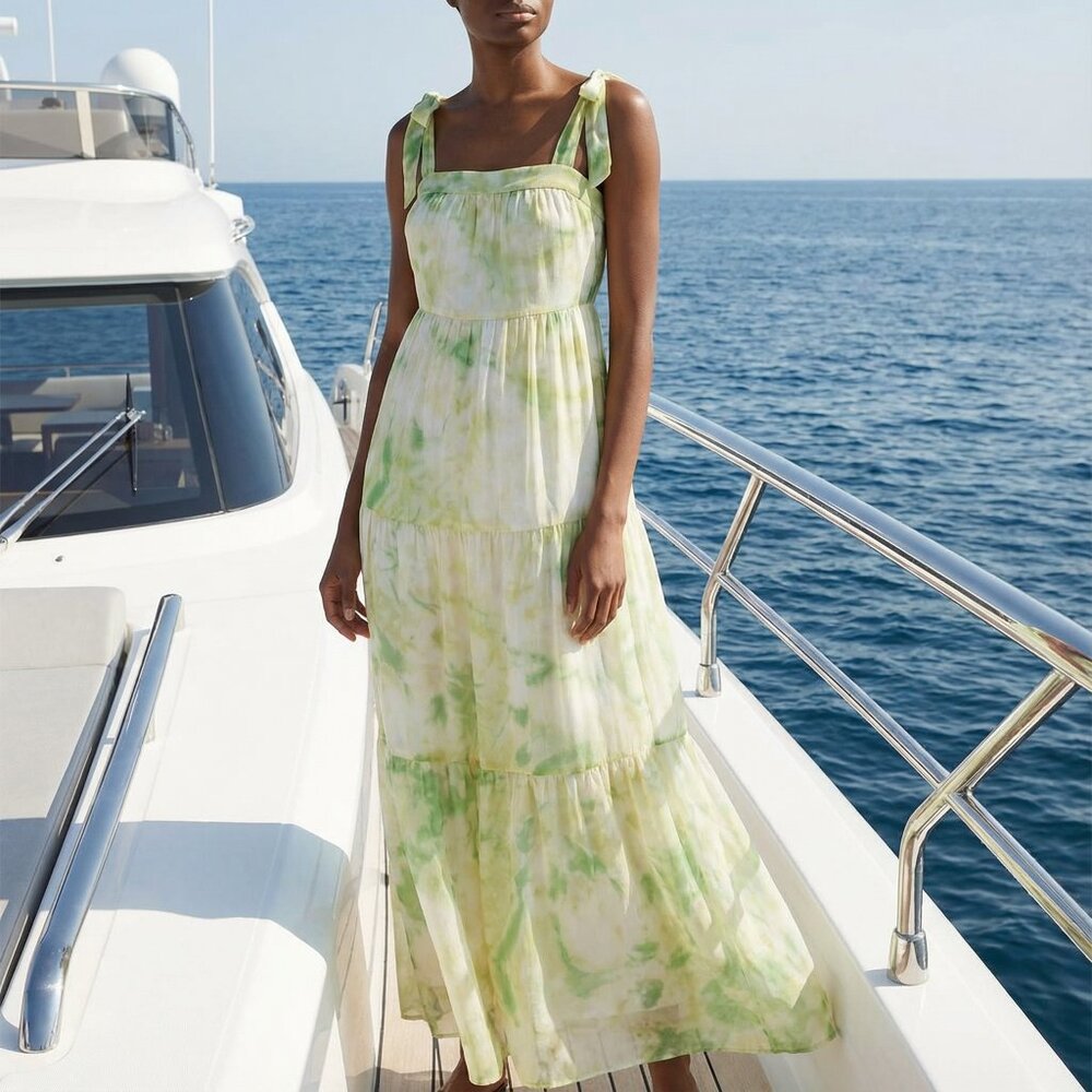 $158 REVOLVE LINE & DOT Palm chiffon tiered maxi dress lime cream M